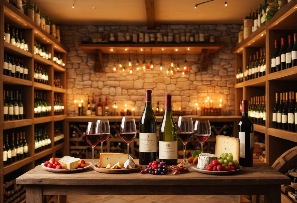 A cozy wine cellar filled with shelves of various wine bottles, showcasing elegant labels. In the foreground, a couple clinks their glasses filled with red and white wine, surrounded by soft candlelight and a rustic wooden table adorned with cheese and fruits. A warm ambiance with hints of green vines and fairy lights in the background adds a magical touch. super-realistic. warm colors. soft focus.