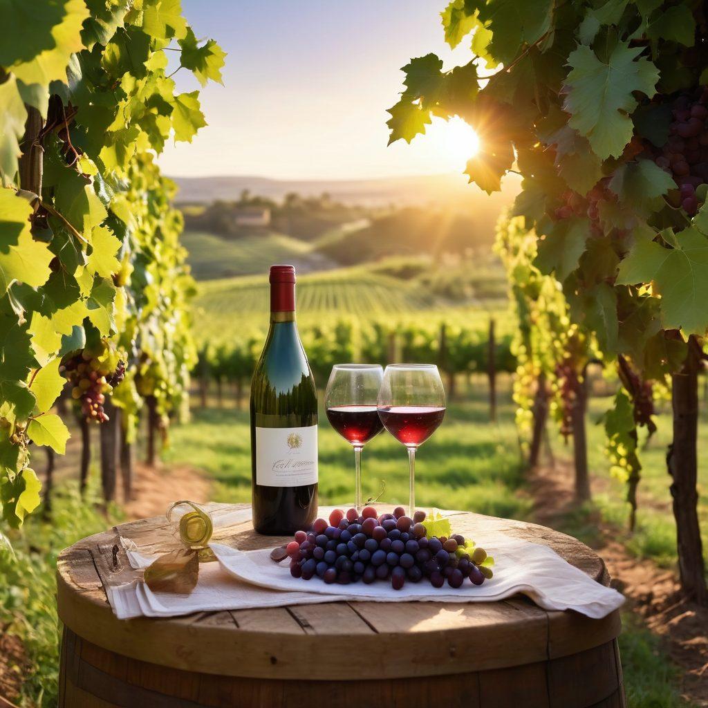 A picturesque vineyard landscape at sunset, with rows of lush grapevines in shades of green and purple. In the foreground, an elegant wine bottle of sparkling wine is uncorked, with bubbles escaping, surrounded by wine glasses filled with red and white wine, catching the last rays of sunlight. A cheerful gathering of diverse people celebrating and enjoying the wines can be seen in the background. This scene encapsulates joy, connection, and the essence of winemaking. vibrant colors. super-realistic.